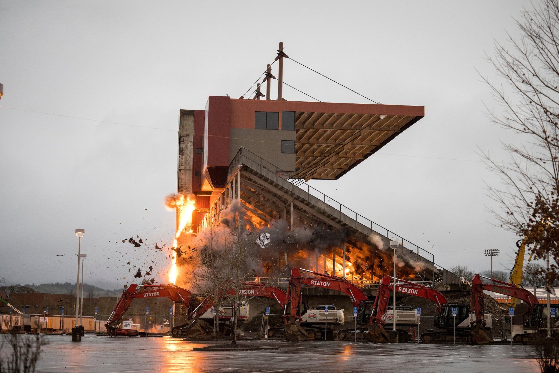 Staton excavators at a stadium implosion